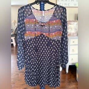 Bohemian Navy and Multicolor dress, sheer arms, lace up neck, Sz XL